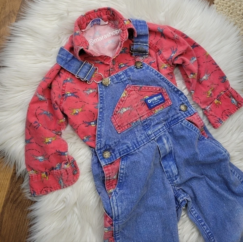 VTG OshKosh B'Gosh Vestbak Denim Set Overalls Red Race Horse